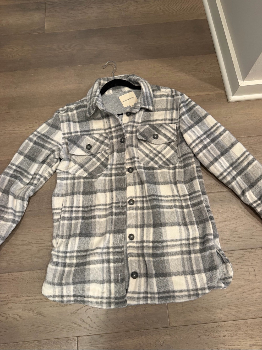 Thread & Supply Gray and White Plaid Button-Front Shacket